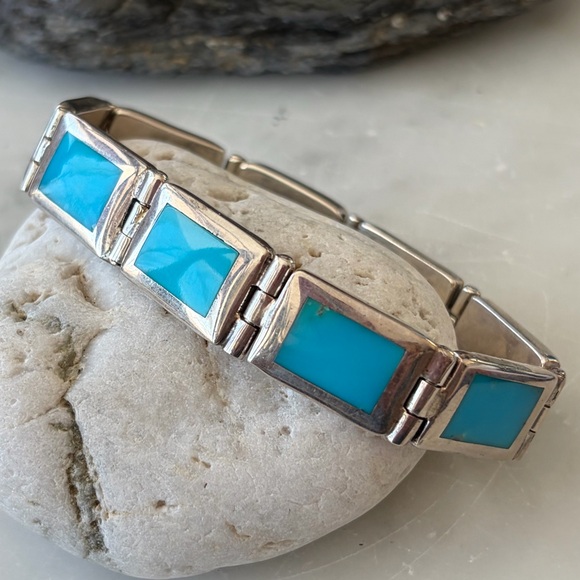 Native American Turquoise Sterling Link Vintage Bracelet